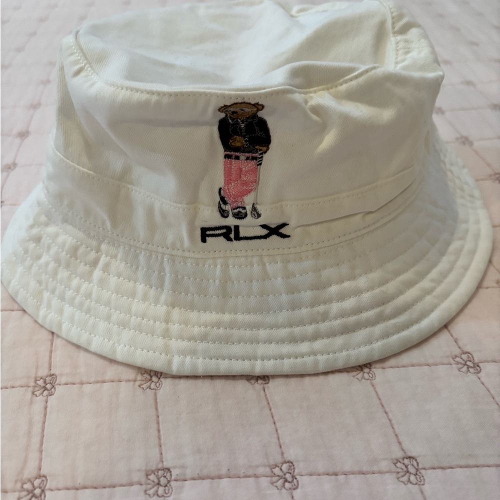 Ralph Lauren White Bucket Hat with Bear Design